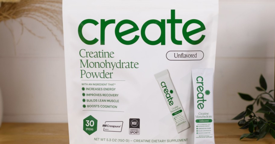 Creatine monohydrate powder package with bold green text, highlighting benefits like increased energy and muscle building. Unflavored, includes 30 sticks.