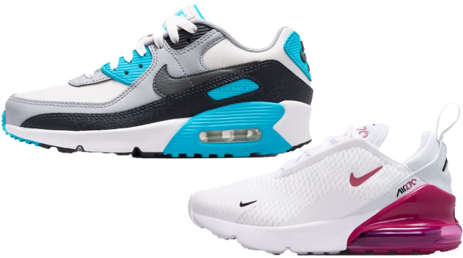 blue/grey and white/red Nike sneakers