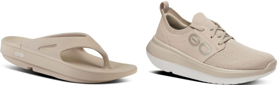 Stock images of an OOFOS sandal and sneaker