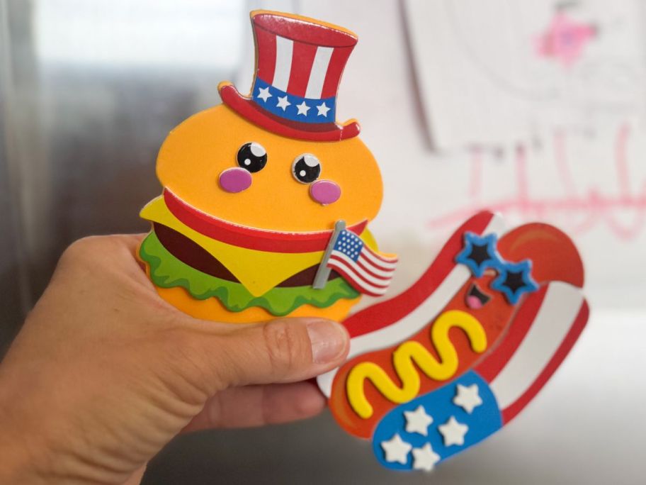 Patriotic Hamburger & Hot Dog Magnet Craft Kit in hand