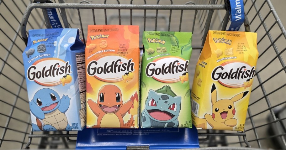 four bags of pokemon goldfish crackers in walmart cart with Pikachu, Charmander, Bulbasaur, and Squirtle characters on each bag