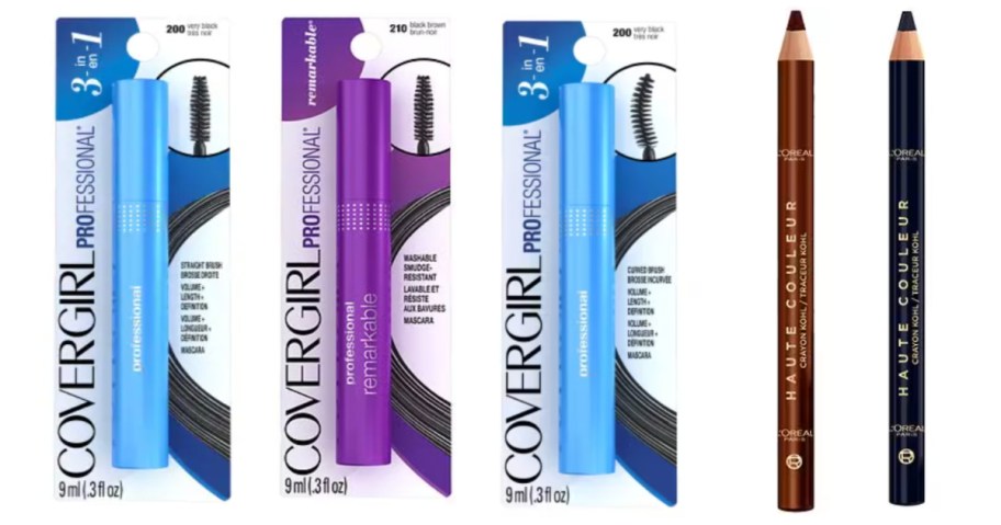three tubes of mascara and two eyeliner pencils