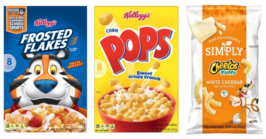 two boxes of cereal and bag of cheetos