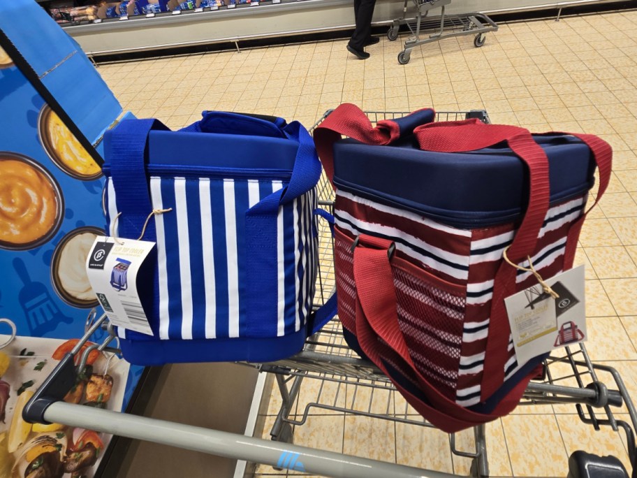 Two insulated bags in a shopping cart. One bag is blue with white vertical stripes, the other is red with a mixed stripe pattern.