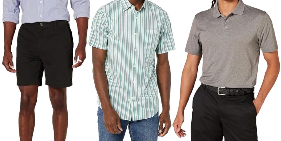 Three men are shown wearing different outfits: black shorts with a light shirt, a striped short-sleeve shirt with jeans, and a gray polo with black pants.