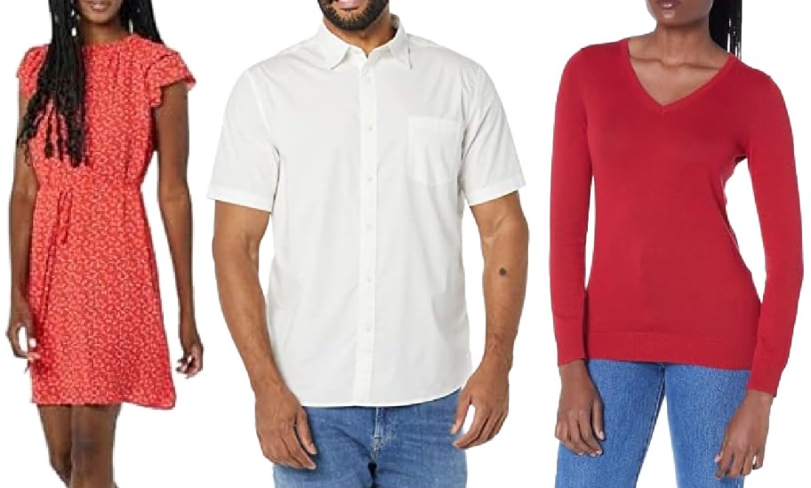 Three models showcase outfits: a woman in a red floral dress, a man in a white short-sleeve shirt, and a woman in a red V-neck sweater with jeans.