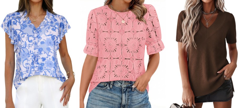 Three women are shown wearing stylish tops. The first in blue floral, the second in pink crochet, and the third in a brown v-neck.