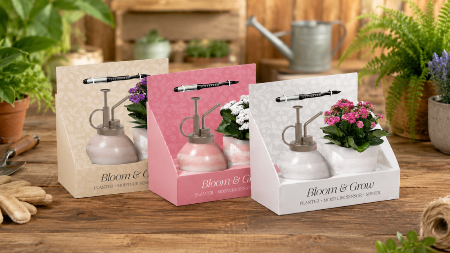 3 succulent gift sets sitting on a wooden worktable