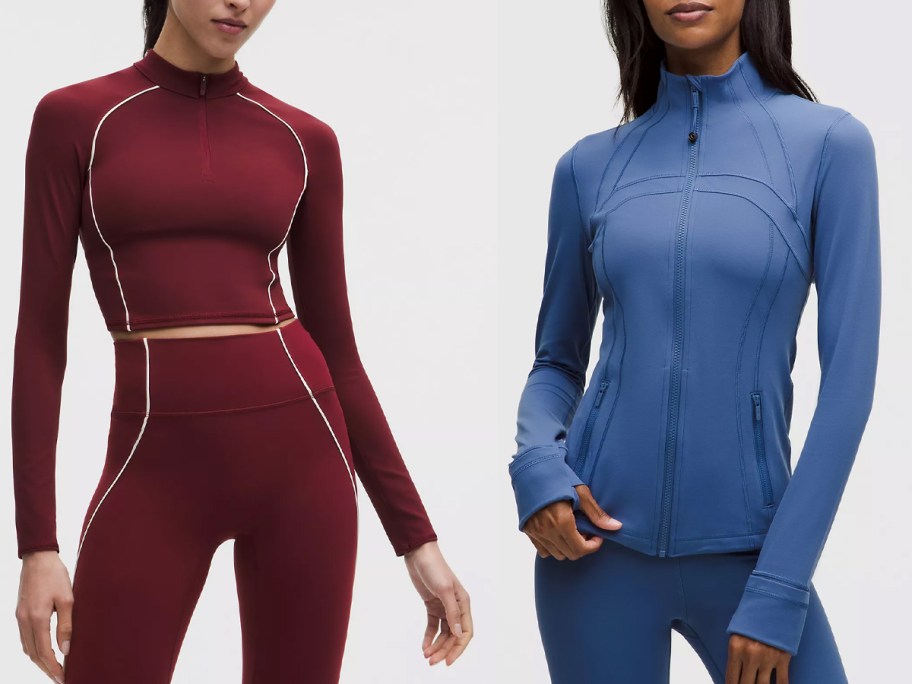 women wearing maroon and blue jackets 