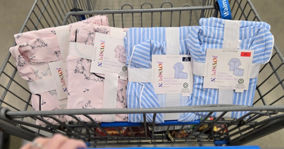 matching pairs of women's and kids pajamas in a Walmart shopping cart
