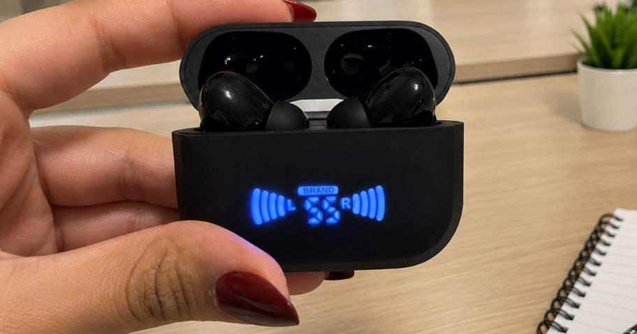 woman holding wireless earbuds